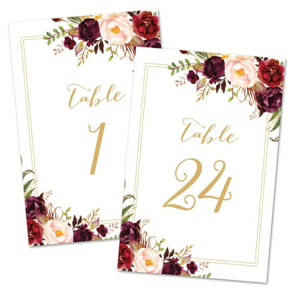 Burgundy Floral Table Number Cards 1-24 - Double Sided 4x6