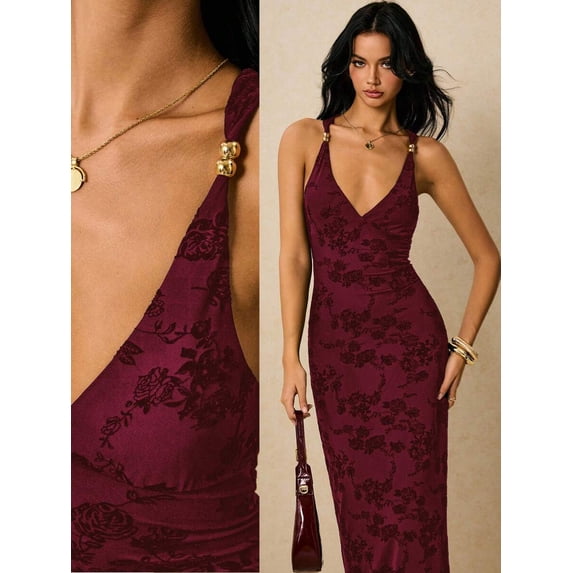 Burgundy Floral V-Neck Backless Maxi Dress With Adjustable Gold-Tone Shoulder Buttons