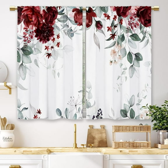 Burgundy Flower Kitchen Curtains Red Floral Green Leaves Small Short Cafe Window Curtains Plant Spring Blossom Weeping Bathroom Window Drapes Treatment Tier Curtains 2 Panels (27.5x39 Inch)