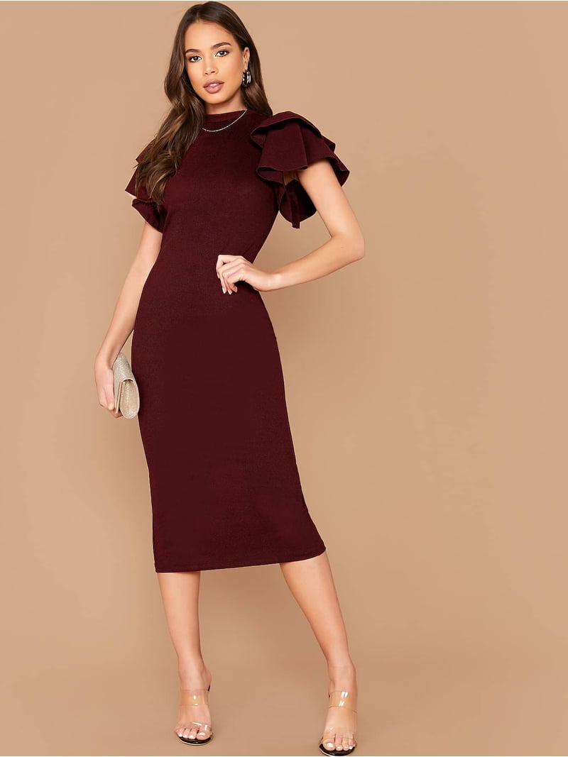 burgundy flutter sleeve dress Ruffled Shoulder Bodycon Midi With Split Back ELOQUII Off The Shoulder Multi-Colored Style:EP09890NB Draw everyone in with