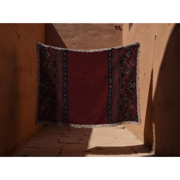 Burgundy Geometric Diamond Border Woven Throw Blanket, 100% Cotton, Fringed Edges, Bench Accent