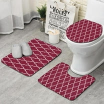 Burgundy Geometric Quatrefoil Pattern Bathroom Rugs Sets 3 Piece,Toilet Cover Set,Absorbent Non Slip Bathroom Mats Sets with U-Shaped Contour Rug Toilet Rug Set