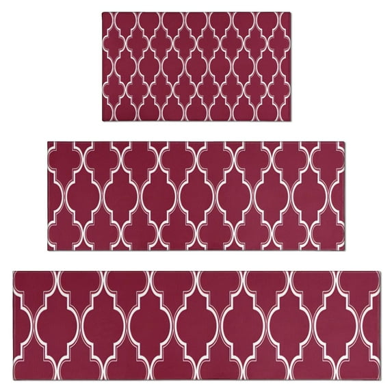 Burgundy Geometric Quatrefoil Pattern Kitchen Rugs Sets Of 3,Kitchen Runner Rugs Non Skid Washable,Decorative Kitchen Floor Mats for Kitchen,Sink,Laundry,17"x30"+ 17"x47" + 17"x59"