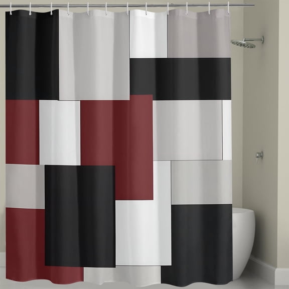 Burgundy Geometric Shower Curtain, Burgundy Grey Black Geometric Shower Curtain Contemporary Bathroom Curtain Bathtub Home Decor Waterproof Fabric Machine Washable with 12 Hooks 72x72 in