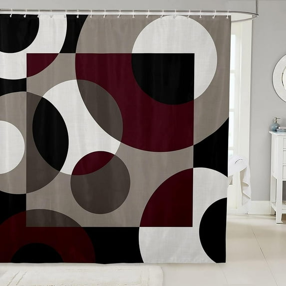Burgundy Geometry Shower Curtain Circle Bath Curtain,Abstract Swirls Lines Stripes Curtain Retro Grommet Geometric Rustic Modern Circle Psychedelic Urban Art Bathroom Decor,Grey Black 72"Wx72"L