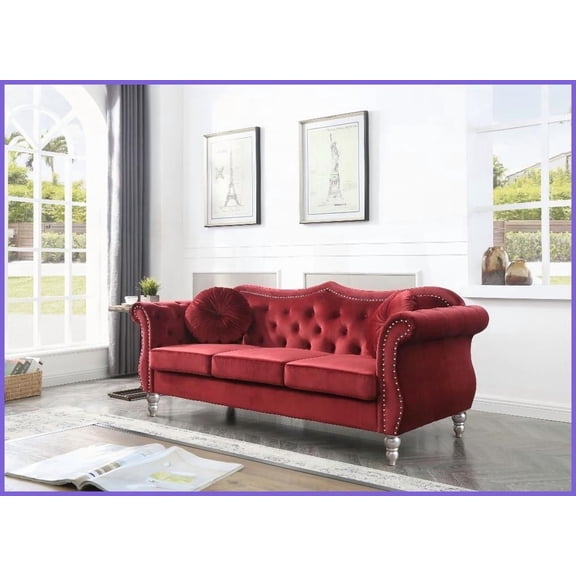 Burgundy Glam Velvet Sofa with Tufted Detail & Hardwood Frame - Ideal for Living Room