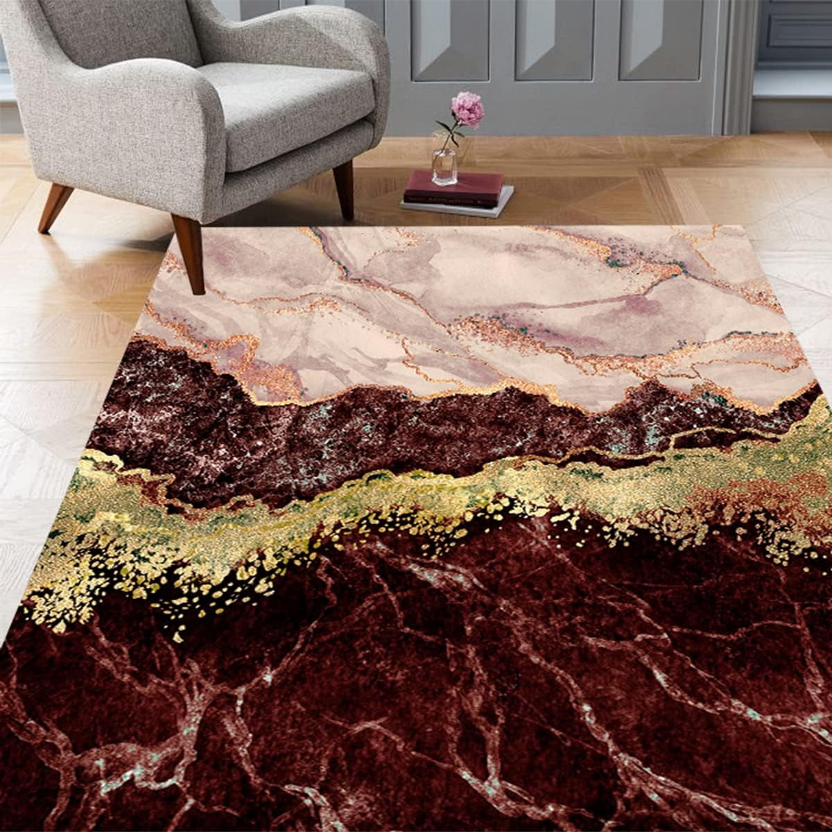 Burgundy Gold Modern Marble Abstract Area Rug for Living Room Bedroom ...