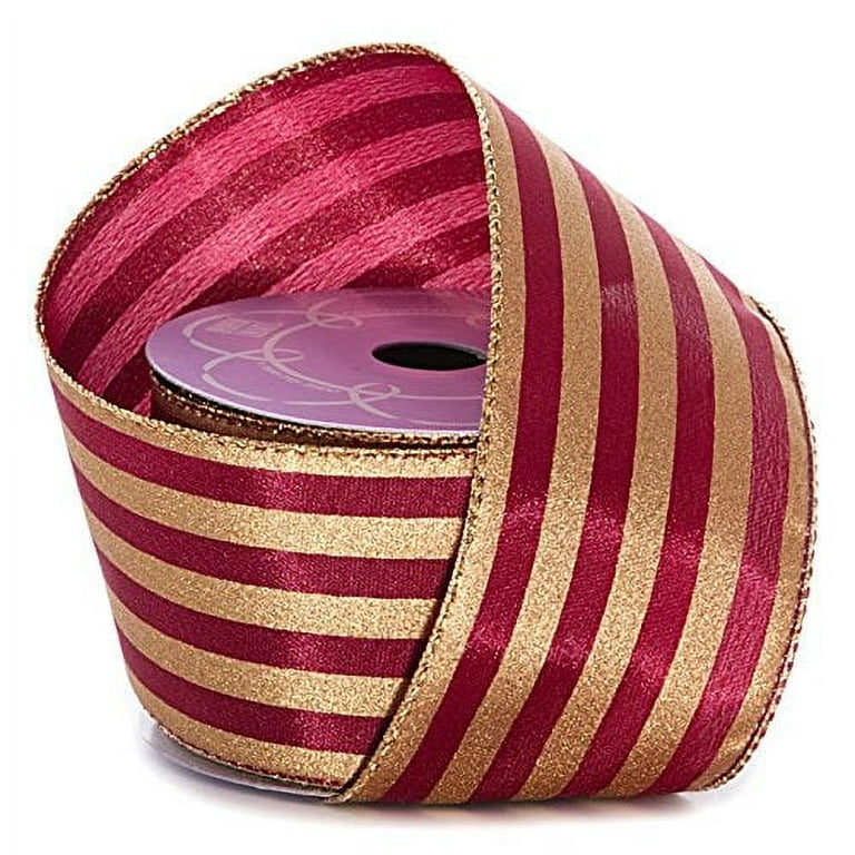 Burgundy Gold Striped Christmas Ribbon - 2 1/2 x 10 Yards, Wired,  Valentine's Day, Fall, Wreath