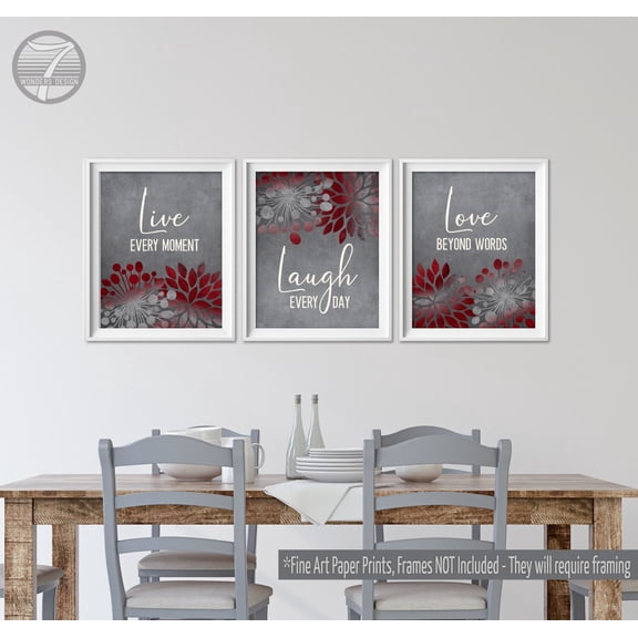 Burgundy Gray Dandelion Prints Set Of 3, Live Laugh Love Farmhouse Wall Art