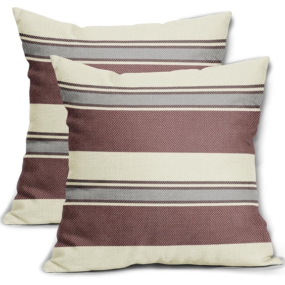 Burgundy Grey Striped Pillow Covers 16x16 Set of 2 Boho Stripe Print Patterned Gray Cream Decorative Spring Summer Outdoor Pillowcases Modern Farmhouse Throw Cushion Case Couch Sofa Bed Decor