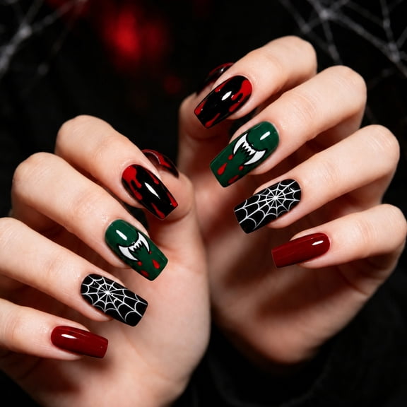 Burgundy Halloween Press on Nails Medium Long Square Fake Nails Spider Web Fang Blood Drip Designs Glossy Full Cover Adhesive Press Ons Acrylic False Nails Nail Tips for Halloween Party 24 Pcs
