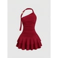 thumbnail image 1 of Burgundy Halter One-Shoulder Ruched Waist Tiered Mini Dress For Women Spring Summer, 1 of 6