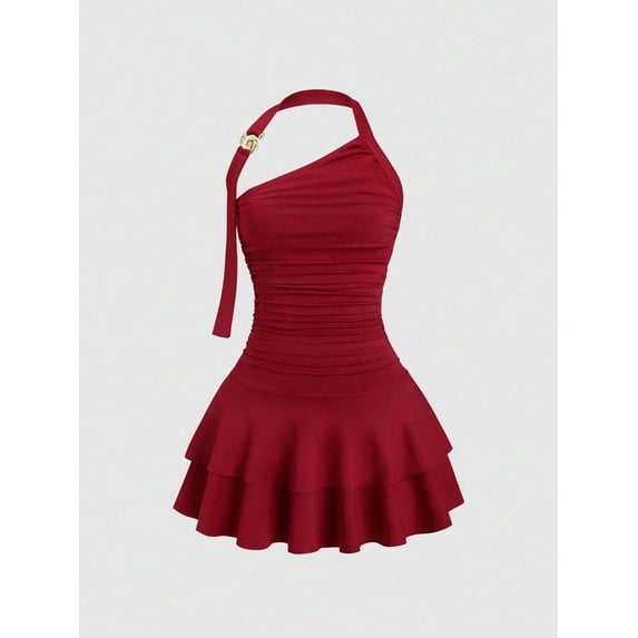 Burgundy Halter One-Shoulder Ruched Waist Tiered Mini Dress For Women Spring Summer