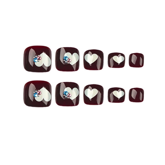Burgundy Heart Design with Rhinestone Accents Press on Toenails, Short Square Glossy Fake Toenails, 24 Count