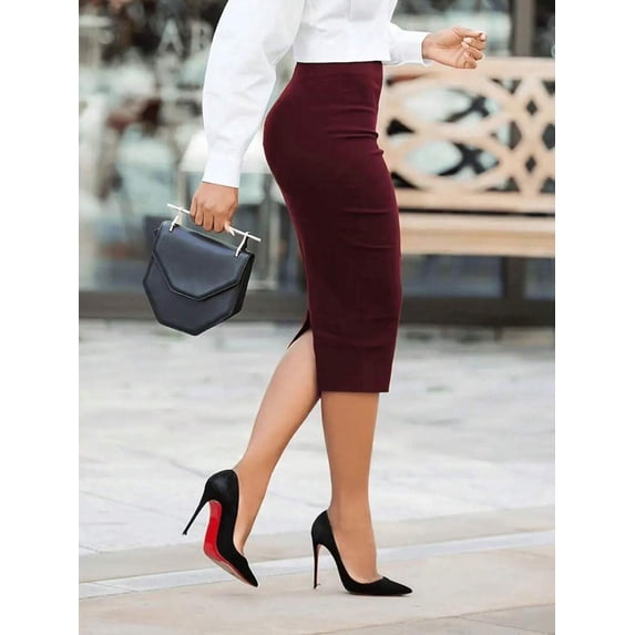 Burgundy High-Waist Pencil Skirt With Back Slit Workwear Style
