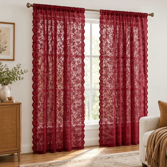 Cafe Small Window Burgundy Kitchen Curta45 Inch Length Vintfldark Red Short Lace Cafe For ...