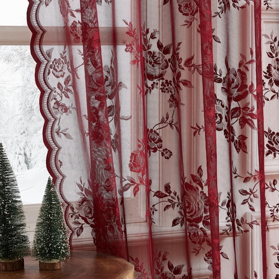 Burgundy Lace Curta45 Inch Length Vintflsheer For Kitchen Cafe Rod Pocket Light Filtering Wine Window 2 Panels Set Closet Basement Modern Maroon Decor 52x45