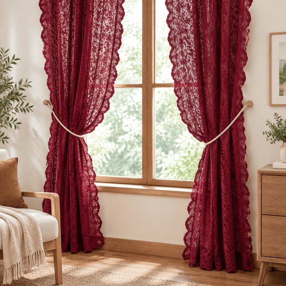 Windows Apps Retro Burgundy Lace Curta72 Inch Length Retro Sheer Flower Maroon For Bedroom ...