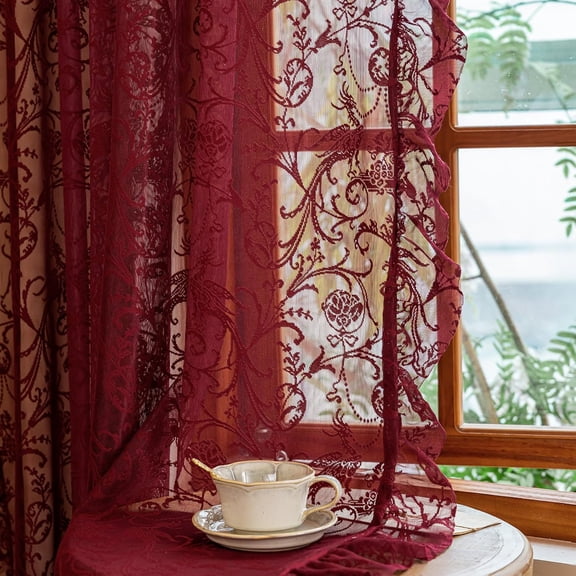 Burgundy Lace Curtains 63 Inch Length - Victorian Kintted Sheer Floral Bird Ruffle for Bedroom, Boho Privacy Dark Red Solid Color Light Filtering Rod Pocket Maroon Decor, 59 x