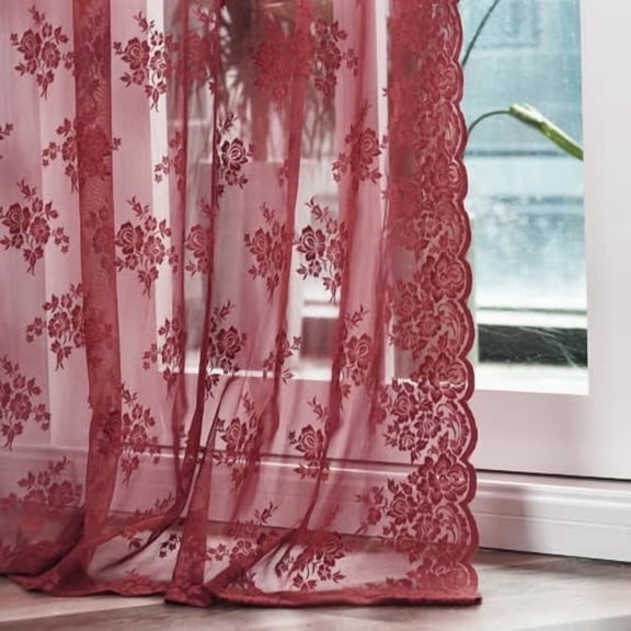 Burgundy Lace Curtains 84 Inches Long 2 Panels Cottagecore Floral Maroon Sheer Curtains for Living Room, Rod Pocket Light Filtering & Privacy Vintage Sheer Window Curtains 7FT, W42 x L84 Inch