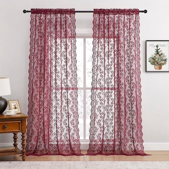Burgundy Lace Curtains 84 Inches Long 2 Panels - Modern Romantic Maroon for Bedroom Living Room, Rod Pocket Light Filtering Sheer French Drapes, Wine Floral Rose Decor, 52x84