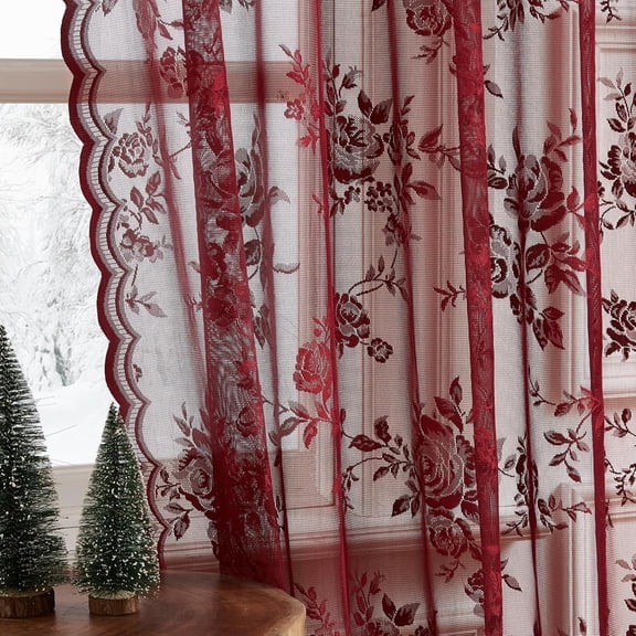 Burgundy Lace Curtains 84 Inches Long Vintage Floral 2 Panels for Bedroom Living Room Rod Pocket Light Filtering Maroon French Romantic Window Modern Wine Decor Neutral, 52x84
