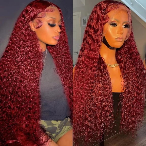 Burgundy Lace Front Wigs for Black Women Deep Wave Lace Front Wigs Human Hair Pre-Plucked Long Wavy Frontal Wig 26" Fake Scalp Middle Part Crimps Synthetic Curls Wigs for Daily Use