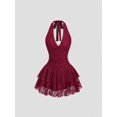 thumbnail image 1 of Burgundy Lace Halter Neck Ruched Peplum Mini Dress For Women, 1 of 7