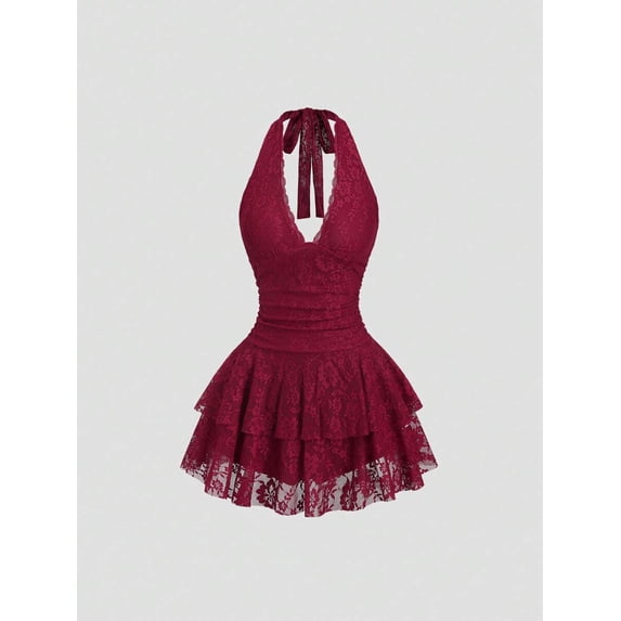 Burgundy Lace Halter Neck Ruched Peplum Mini Dress For Women