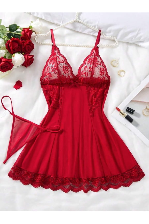 Burgundy Lace & Mesh Chemise Sleep Dress With G-String, V-Neck Backless