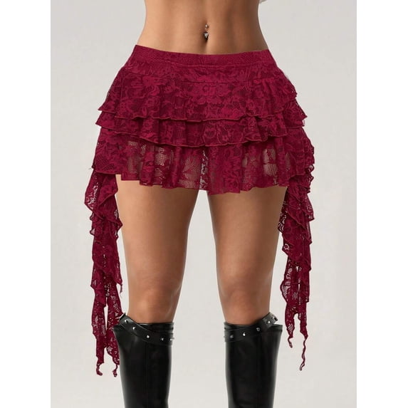 Burgundy Lace Tiered Ruffle Asymmetrical Mini Skirt With Built-In Safety Shorts