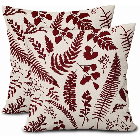 Burgundy Leaf Plant Pillow Covers 18X18 Inch Set of 2 Tropical Fern Herbs Botanical Leaves Floral Decorative Pillow Cases Vintage Cushion Case Farmhouse Home Decor for Couch Sofa Porch Outdoor