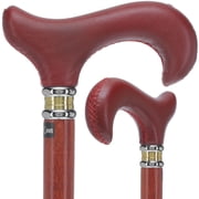 Soft Genuine Leather Red Grip Walking Cane - Padauk Wood Shaft Luxury Cane for Men and Women Two-Tone Collar Comfortable Leather Derby Handle Walking Cane