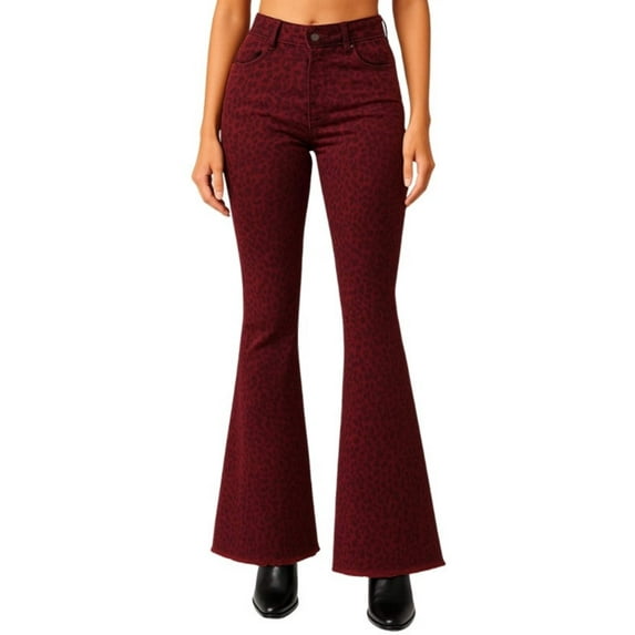 Burgundy Leopard Bell Bottom Jean with Raw Hem