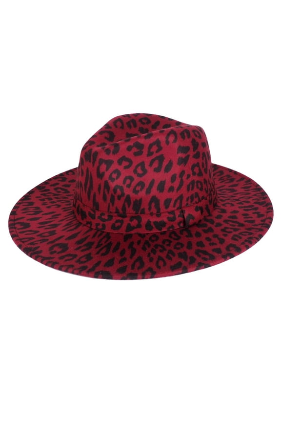 Burgundy Leopard Fedora Panama Upturn Wide Brim Cotton Blend Felt Hat