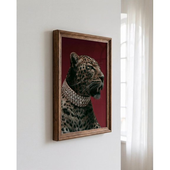Burgundy Leopard Wall Art Print, Luxury Jewel Collar Maximalist Big Cat Decor