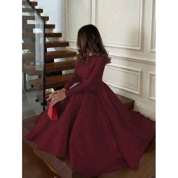 Burgundy Long Sleeve Pleated Midi Dress, Elegant A-Line Swing Party Formal
