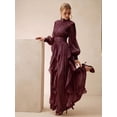thumbnail image 1 of Burgundy Long Sleeve Pleated Ruched Waist Maxi Dress With Ruffle Hem, 1 of 4
