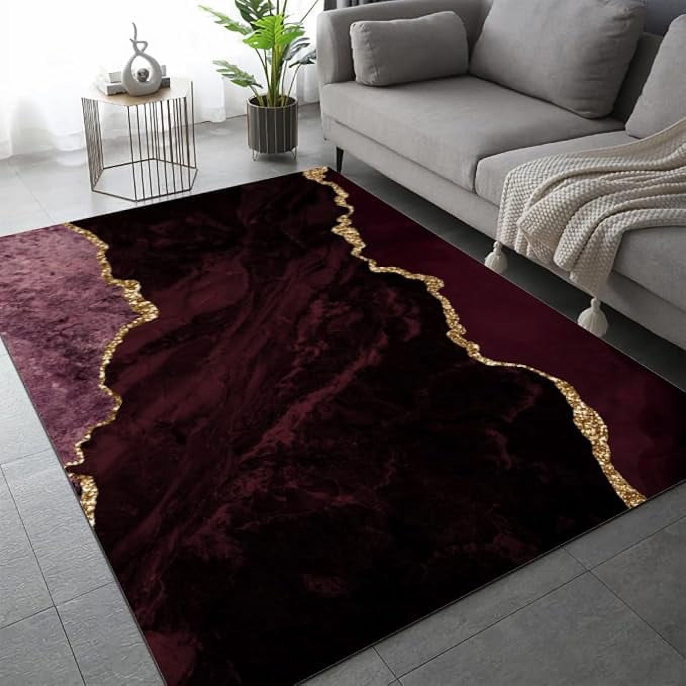Burgundy Marble Kids Rug, Golden Texture Dark Red Indoor Machine Washable Carpet With Non Slip Backing, Breathable Durable Mat For Kitchen Doormat Home Decor 3 x 4ft
