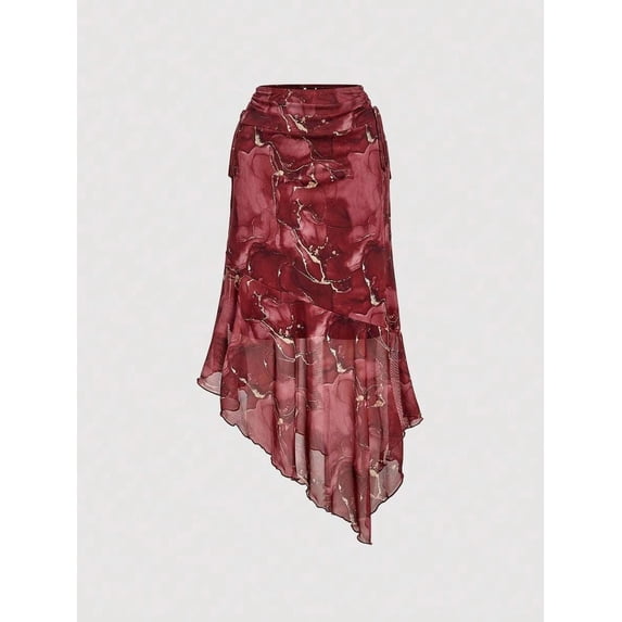 Burgundy Marble Print Asymmetrical Hem Ruched Waist Side Tie Flowy Skirt For Women