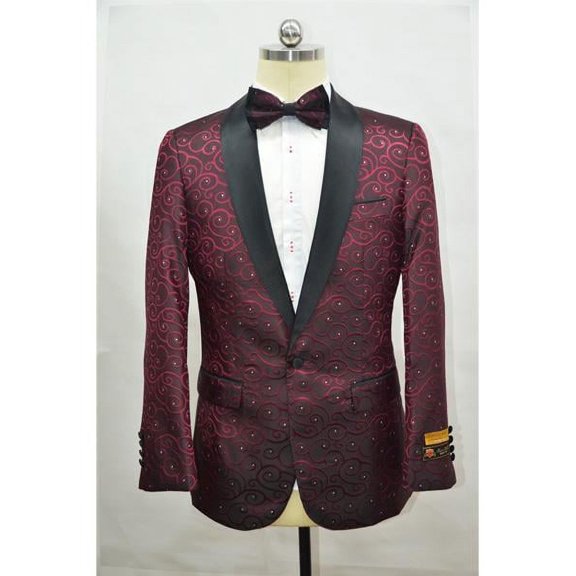Burgundy ~ Maroon And Black Two Toned Paisley Floral Blazer Tuxedo Dinner Jacket Fashion Sport Coat + Matching Ow Tie