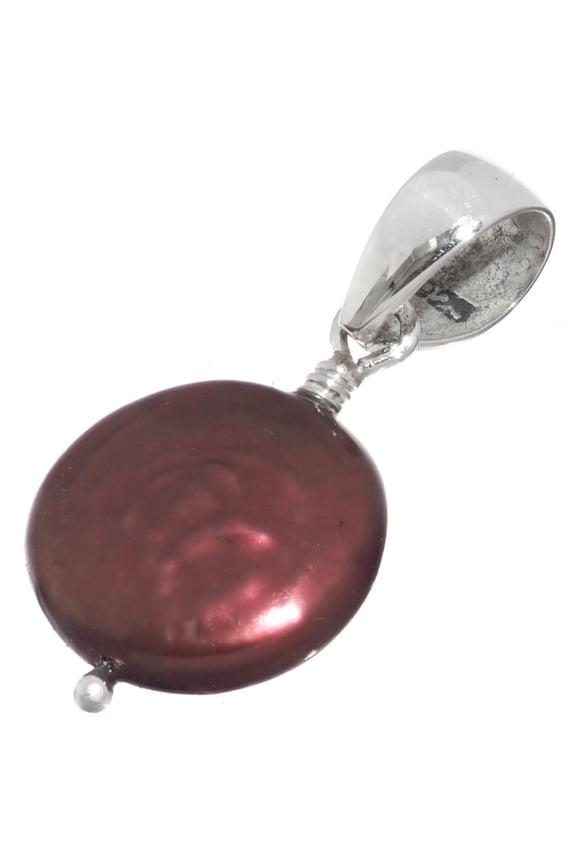 Burgundy Maroon Freshwater Coin Cultured Pearl 925 Sterling Silver Pendant, 1"