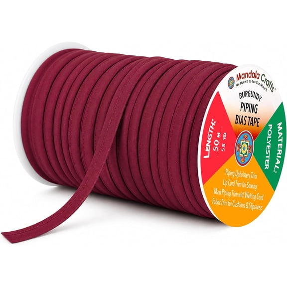Burgundy Maxi Piping Bias Tape with Welting Cord for Sewing | Washable, Inch, 55 Yards, Lip Trim, for Upholstery, Hemming, Pillows, Cushions, Slipcovers, Outdoor Furniture