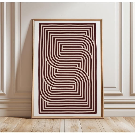 Burgundy Maze Minimal Geometric Abstract Line Art Wall Decor Unframed Paper Print