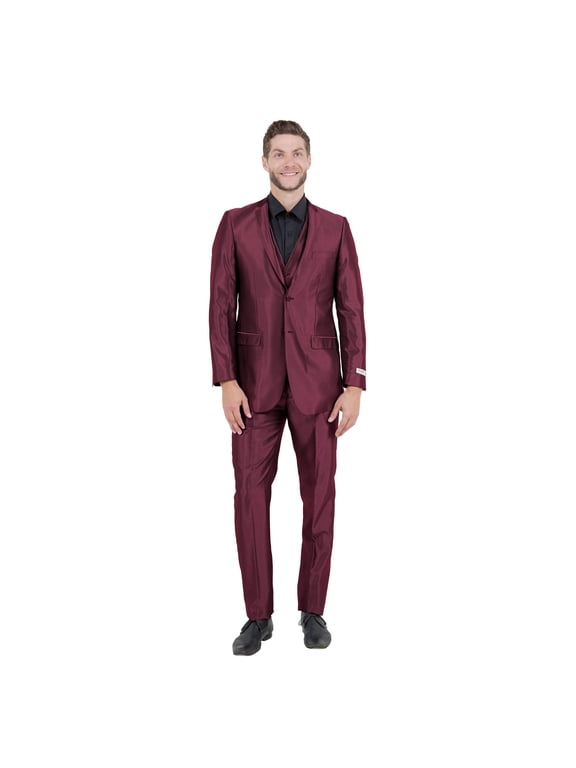 Burgundy Men's Sharskin Slim-Fit 3-Piece Suit