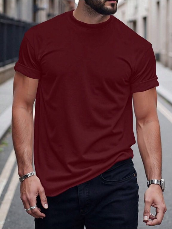 Burgundy Mens Crew Neck Short Sleeve Plain Casual Tee, Classic Fit Daily Wear Top