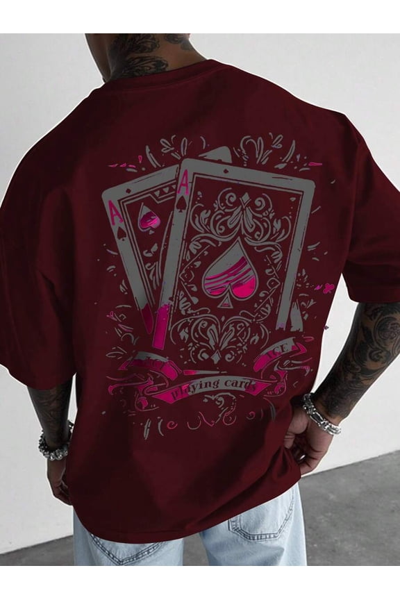 Burgundy Mens Oversized Retro Ace Of Spades Playing Card Graphic T-Shirt