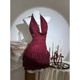 thumbnail image 1 of Burgundy Metallic Glitter Draped Neck Backless Ruffle Hem Bodycon Mini Dress For Women, 1 of 8