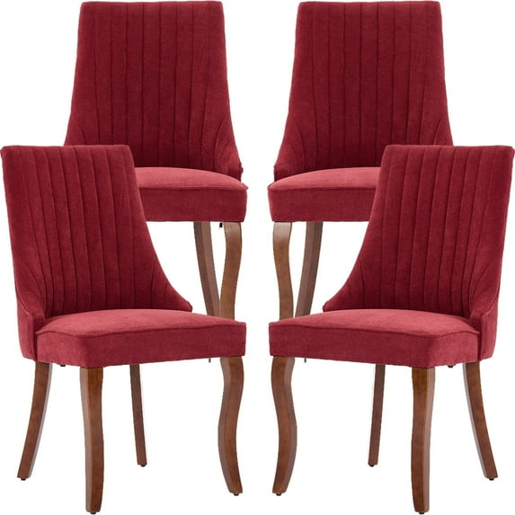 Burgundy Mid Century Dining Chairs Set of 4, Modern Kitchen & Dining Room Chairs Set of 4, Linen Upholstered Kitchen Chairs for Dining Table, Sillas de Comedor, Wood Legs (Wine Red, 4 Pcs)