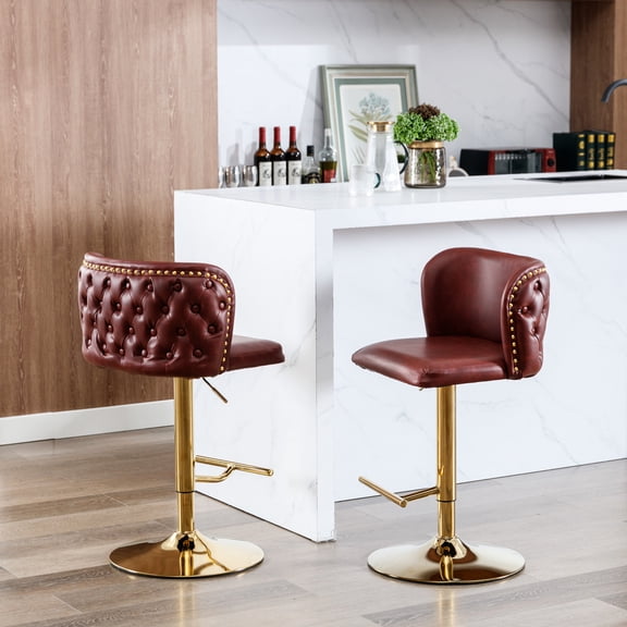 Burgundy Modern With Adjustable Seat, Pu Leather Upholstery And Back For Kitchen Island, Pub, Home ( Of 2 Seat Height Swivel Bar Stools, Upholstered Back, Pub & (2) - Wine Red